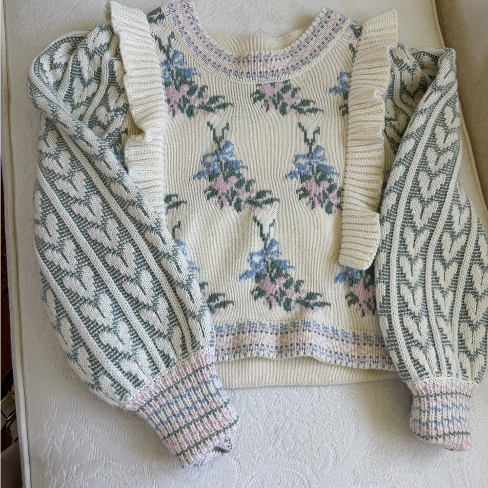 Love Shack Fancy Warwick  Cream Knit Sweater with Pastel Accents